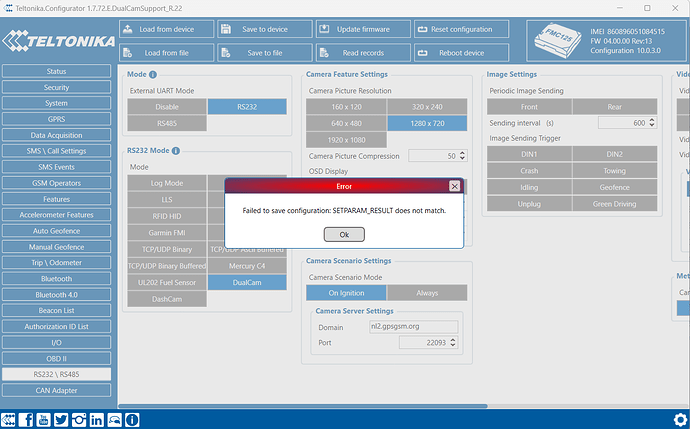 error in saving FMC Dual Cam Configuration