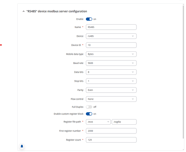 Modbus Serial Server 129 registers
