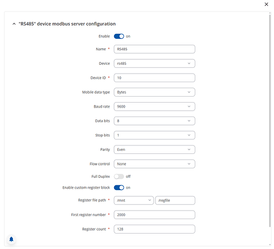 Modbus Serial Server 128 registers