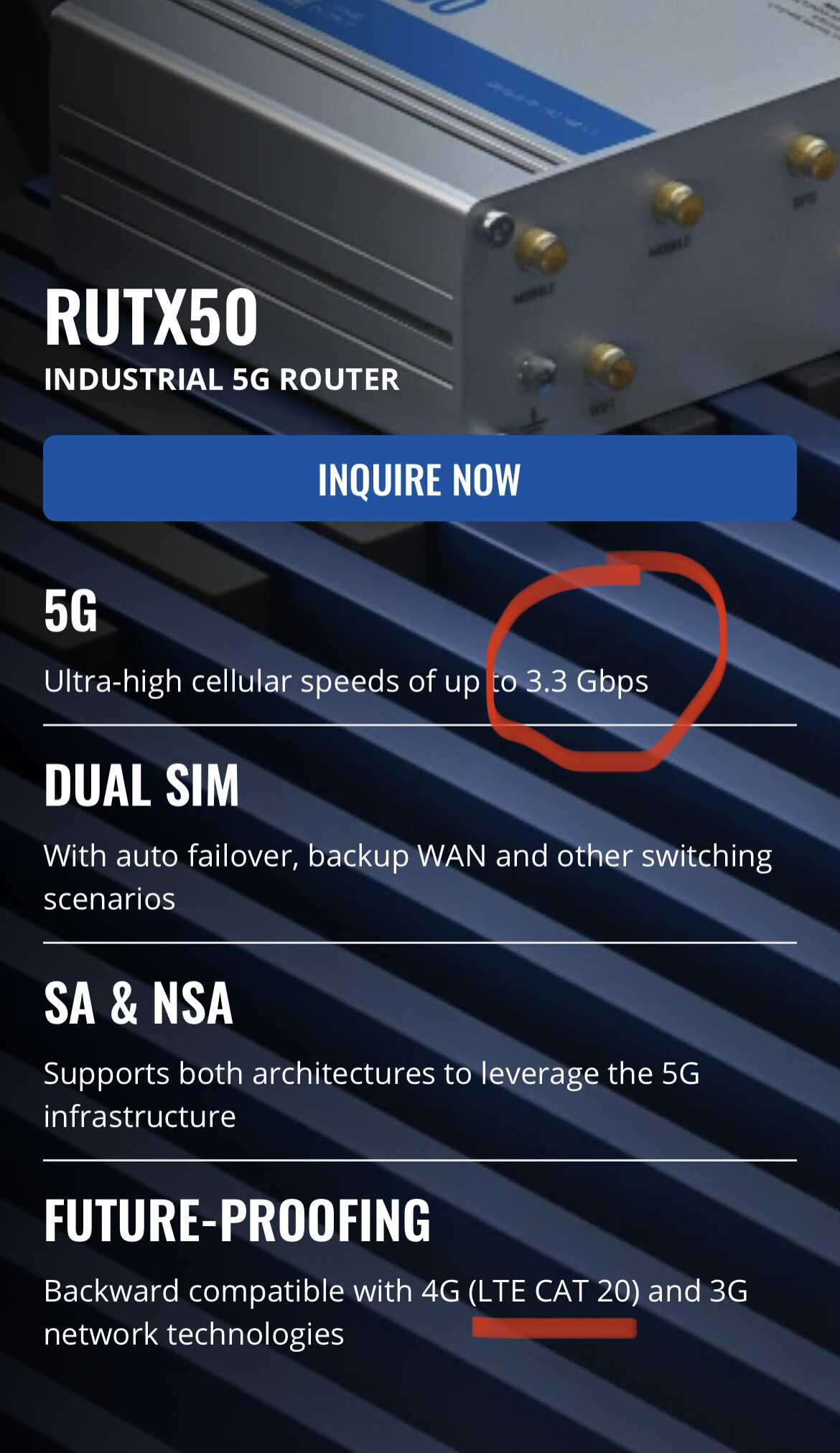 RUTX50  Routeur 5G/4G-LTE Cat 20 : double SIM / WiFi / 5x