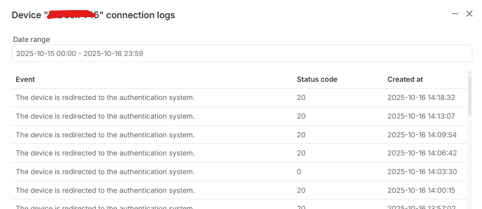 The device is redirected to the authentication system => Status code 20 ...